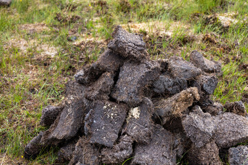 Close up shots of neat peat or turf bricks left to dry outdoors in the summer in a Scottish moor landscape on the Isle of Lewis and Harris, outer Hebirdes. Local combustible for heating.