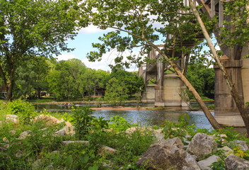 The White River and the historic Cotter Bridge on a beautiful day in Cotter, Arkansas