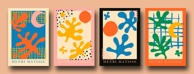 Contemporary organic shapes posters. Abstract collage set Matisse inspired with scribbles curves. geometric minimalist algae silhouette composition.