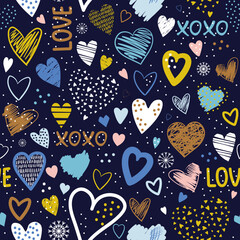 Christmas seamless pattern with hand drawn scribble hearts and text - love, xoxo. Creative love texture. Vector