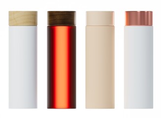 Four different shampoo bottles, plastic and glass cosmetic packaging assorted set 3D render isolated on white background