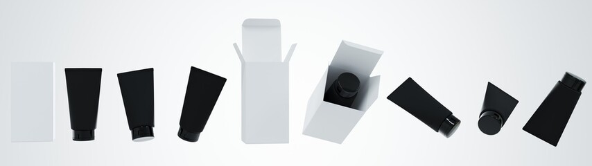 Different views of black cosmetic cream tube with box open and shut isolated on white background 3D render, care products packaging and branding mockup