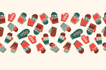 Colorful Retro Knitted MittensVector Seamless Pattern Horizontal Border. Hand Drawn Fair Isle Knitwear Graphic Print. Winter Holiday Background. Red and White Christmas Doodle Design