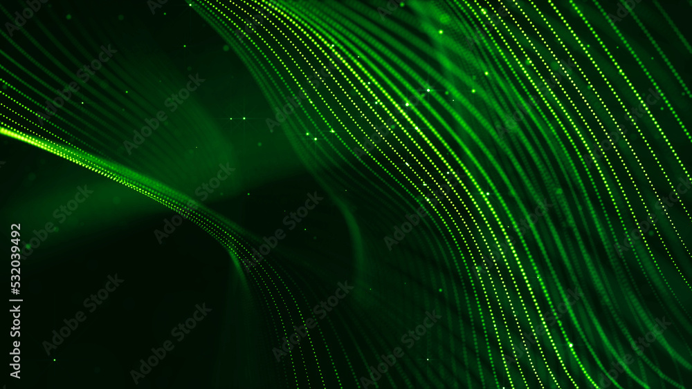 Poster abstract sci-fi background with glow particles form curved lines, surfaces, hologram structures or v