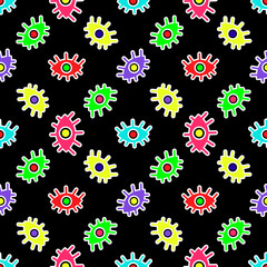 Seamless pattern of multicolored abstract eyes on a black background. Vector illustration 