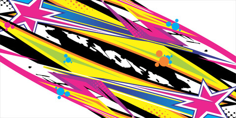 racing background vector design with a pattern of stripes and stars in bright colors and rounded circles
