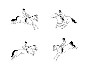 Black and white set of riders and horses on the theme of horse hunting