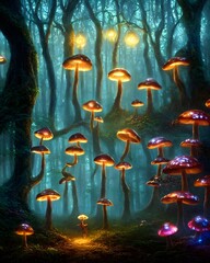Obraz na płótnie Canvas an enchanted forest at night illuminated by glowing mushrooms, fantasy, surrealism! 3d illustration