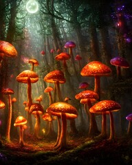 an enchanted forest at night illuminated by glowing mushrooms,  fantasy, surrealism! 3d illustration