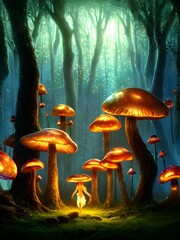 Fototapeta premium an enchanted forest at night illuminated by glowing mushrooms, fantasy, surrealism! 3d illustration