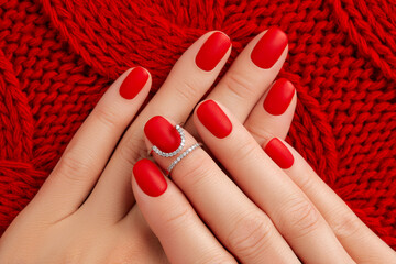 Womans hands with matt manicure on red knitted coverlet. Winter manicure, pedicure design trends