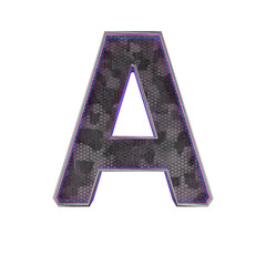 Letter A. Metallic futuristic font with blue neon lights. 3d render.