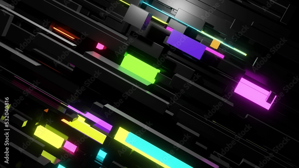 Poster 3d render. different sizes cubes network lighting multicolor neon light, like night city. abstract d