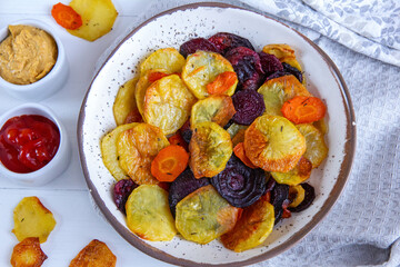 Vegetable chips with tomato and yoghurt sauce