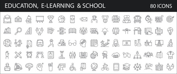Education and back to school, e-learning,  - 80 outline icons set. , university, learning, studying, Equipment and tools. Editable Stroke