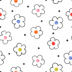 Doodle flower pattern. Hand drawn seamless floral background. Vector simple illustration.