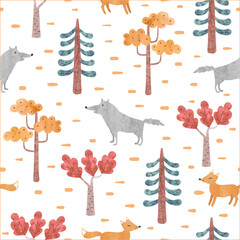 Seamless cartoon woodland pattern with fox and wolf. Vector watercolor forest illustration with colorful trees