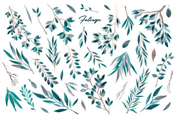 Watercolor greenery leaves set illustration, forest, tropical twigs, branch, floral plant herbs isolated, botanical greenery foliage clipart for wedding invitation card, frame and wreath, diy
