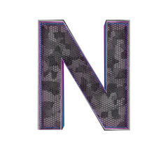 Letter N. Metallic futuristic font with blue neon lights. 3d render.