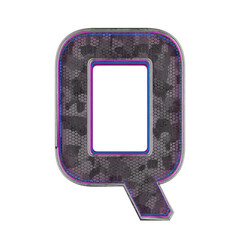 Letter Q. Metallic futuristic font with blue neon lights. 3d render.