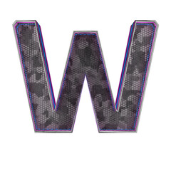 Letter W. Metallic futuristic font with blue neon lights. 3d render.