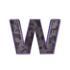 Letter w. Metallic futuristic font with blue neon lights. 3d render.