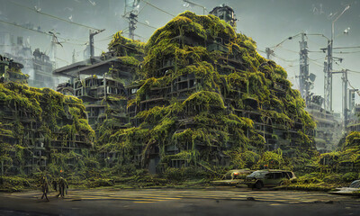 post-apocalyptic city, overgrown dystopian buildings
