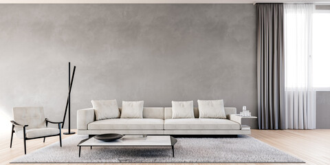 Modern interior design of living room, white italian furniture with gray plaster wall background, 3d rendering, 3d illustration - obrazy, fototapety, plakaty