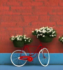Fototapeta na wymiar a bike (bicycle) with a flower basket and white tires. 3d illustration