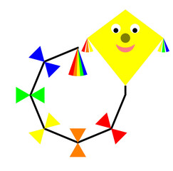 A graphic illustration of a kite with bows on tail 