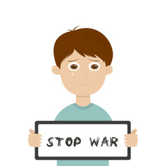 A child with a poster stop the war. Vector illustration isolated on white background