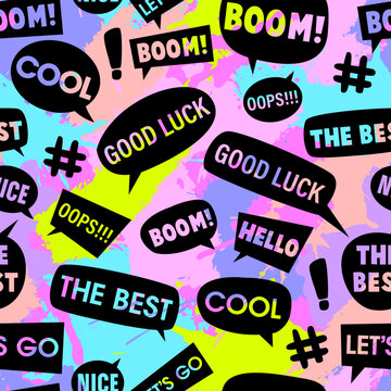 Bright seamless pattern with patch, words, slogan. Texture background. Wallpaper for teenager girls. Fashion style