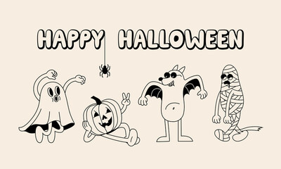 Set of Funny Retro Illustration for Halloween Carnival. Vector Characters in Vintage Style