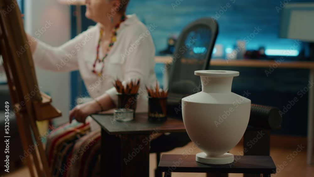 Poster authentic vase model on table with pencils and artistic tools to create professional sketch drawing 
