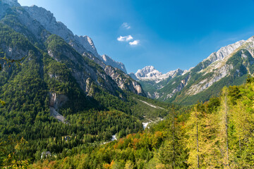 Fototapeta na wymiar Panoramic view of the Trenta valley, in Slovenia, during the summer