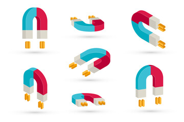 3D vector illustration of magnet symbols in different isometric views with magnetic rays.