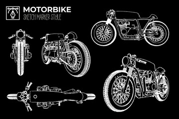 Isolated cafe racer motorbike silhouette in different views. - obrazy, fototapety, plakaty