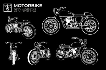 Isolated cafe racer motorbike silhouette in different views.