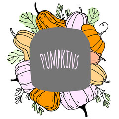 Thanksgiving and Harvest Festival Seasonal Vector Autumn Frame with Pumpkins, Plants, and Leaves. Trendy autumn design in doodle style.