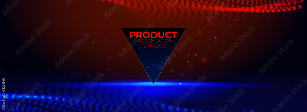 Poster wide futuristic product display background. red and blue gaming background with glowing particle wit