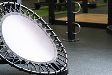 Sports home patio backyard trampoline concept wooden kettlebell exercise, from ball gym from bounce...