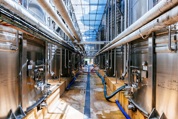 Large tanks for fermentation in the modern winery