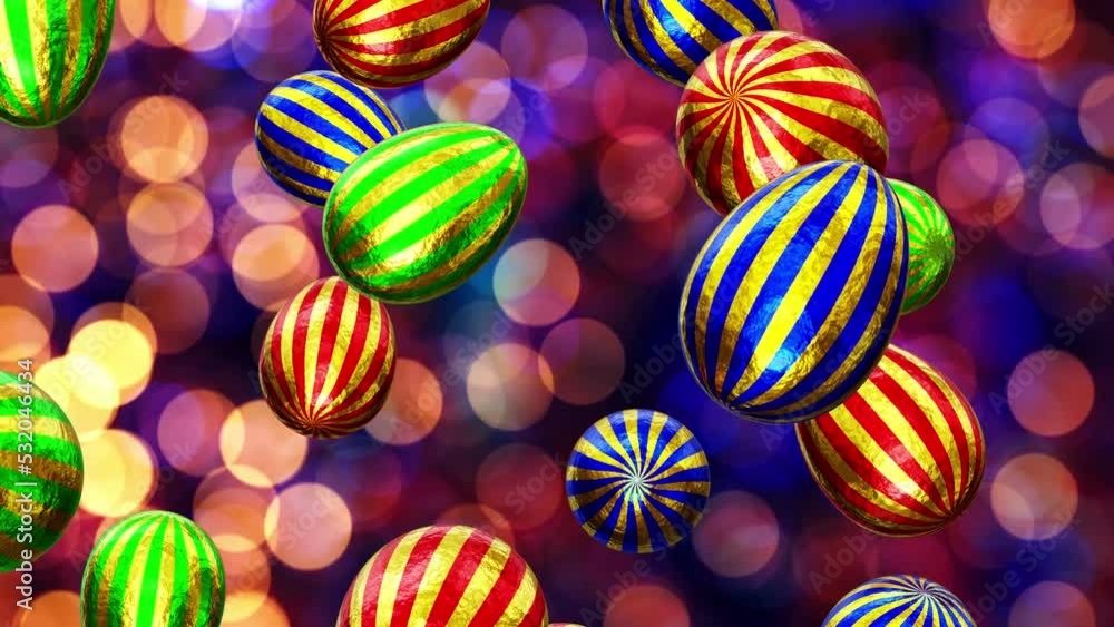 Poster realistic looping 3d animation of the fancy textured golden foiled colorful stripes easter eggs fall