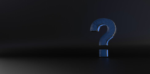 Close up question mark on a dark background. Dark theme. Interrogative topics. 3d rendering. Illustration for advertising. Transparent scrached galss volumed question mark.
