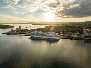 Aerial photo cruise ship at Port of Oslo Norway at sunset