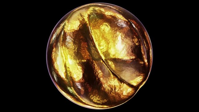 Realistic looping 3D animation of the abstract morphing textured liquid gold sphere rendered in UHD with alpha matte
