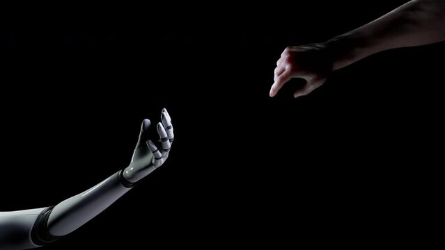 Human hand helping robot AI arm to connect with alpha. A 3D animation of a human hand helping robot arm depicting a connection in business work as a supporting partner.