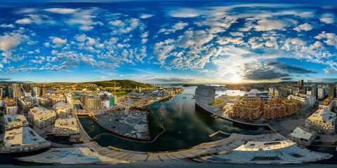 Aerial 360 panorama sunset over Oslo Norway