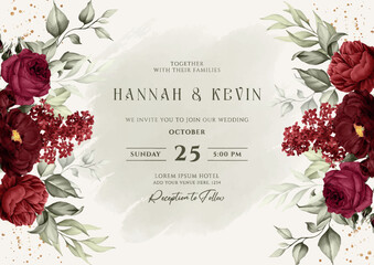 Floral background wedding invitation with red flower and leaves decoration