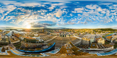 Aerial 360 equirectangular spherical panorama Oslo Norway railroad tracks